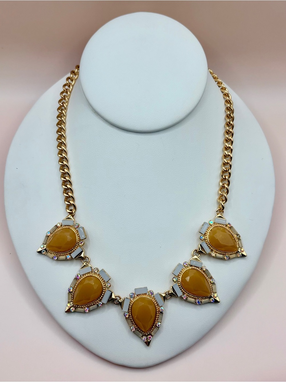 Dazzling Gold-Tone Amber Aurora Borealis Teardrop Statement Necklace